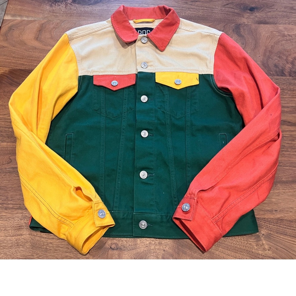 BDG Urban Outfitters‎ Mens Med Colorblock Denim Trucker Jacket Green Yellow Red